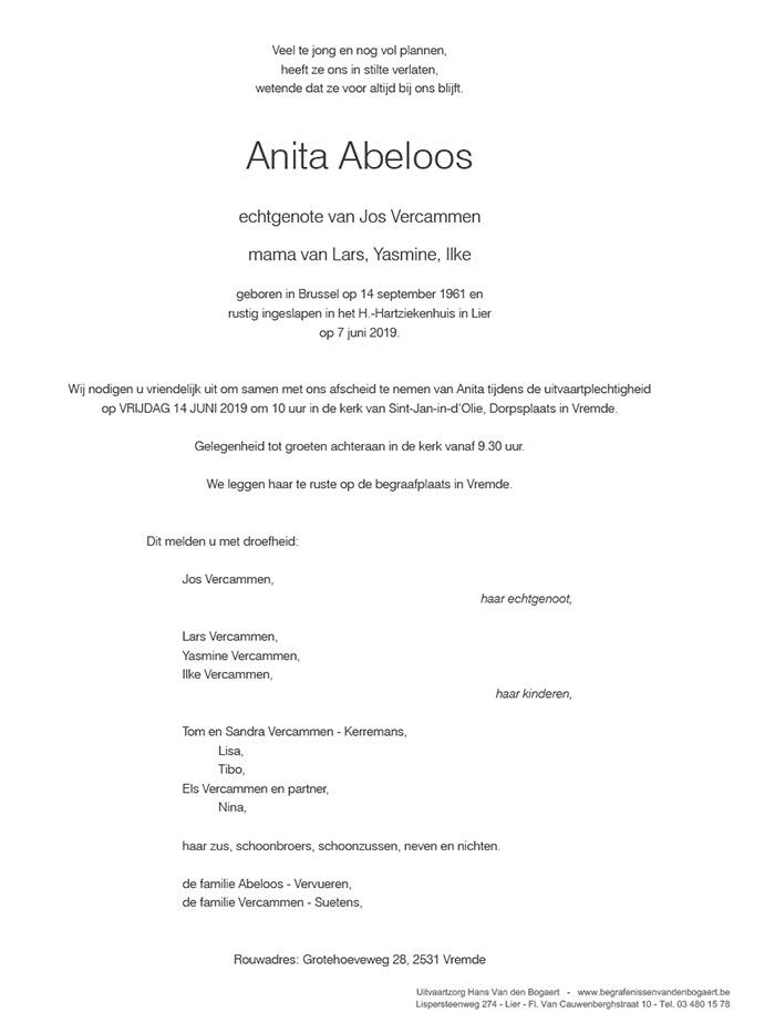 Overlijdensbericht mw. Anita Abeloos Vercammen