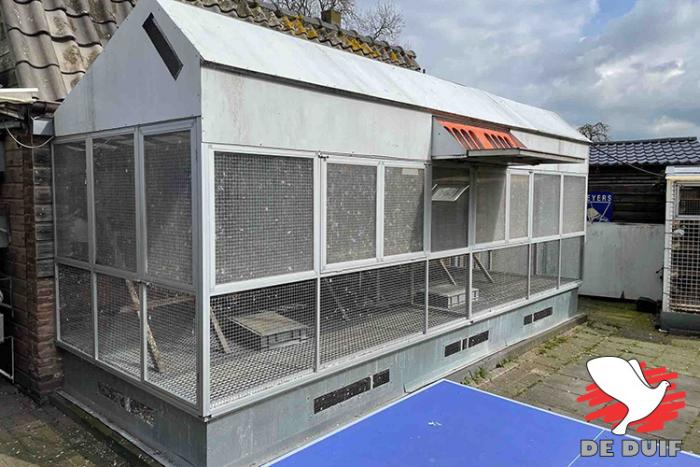 Hok van de overjarige vliegers met volière waarvan de bovenkant is afgeschermd met on- doorzichtige platen. Het bovenste deel van de voor- en zijkant bestaat uit windbreekgaas en de onderste 60 cm is open. Hok van de overjarige vliegers met volière waarvan de bovenkant is afgeschermd met on- doorzichtige platen. Het bovenste deel van de voor- en zijkant bestaat uit windbreekgaas en de onderste 60 cm is open.