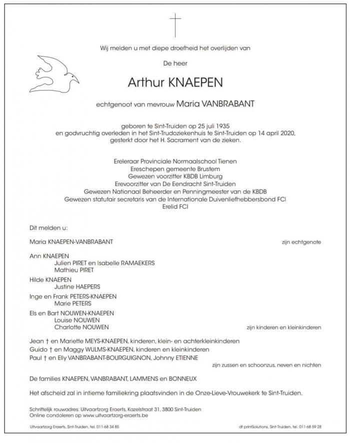 Overlijden dhr. Arthur Knaepen