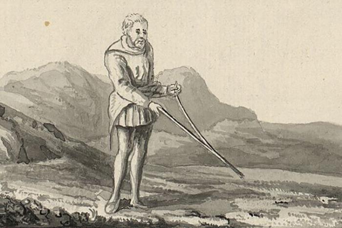 Oude prent (T. Pennant, 18e eeuw) van een wichelende waterzoeker.