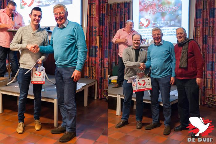 De winnaars van de loterij na afloop van de veiling. / Winners of the lottery of 2 pigeons after the auction.