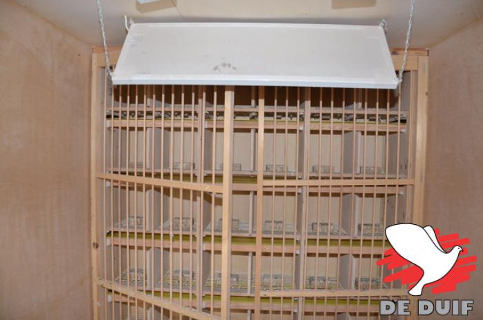 De loketkast voor de duivinnen met de warmtestraler aan het plafond.