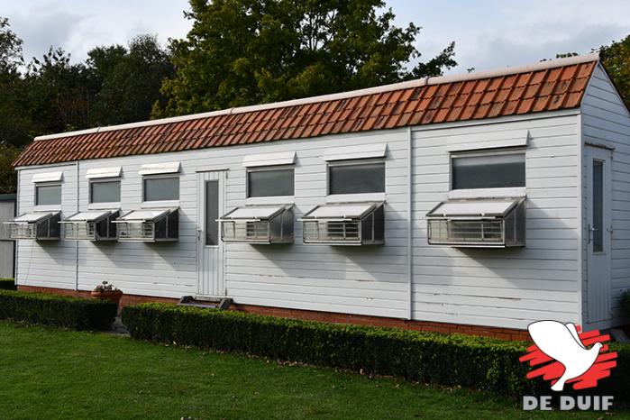 Links het hok voor het klassiek weduwschap en rechts het hok van de jonge duiven.