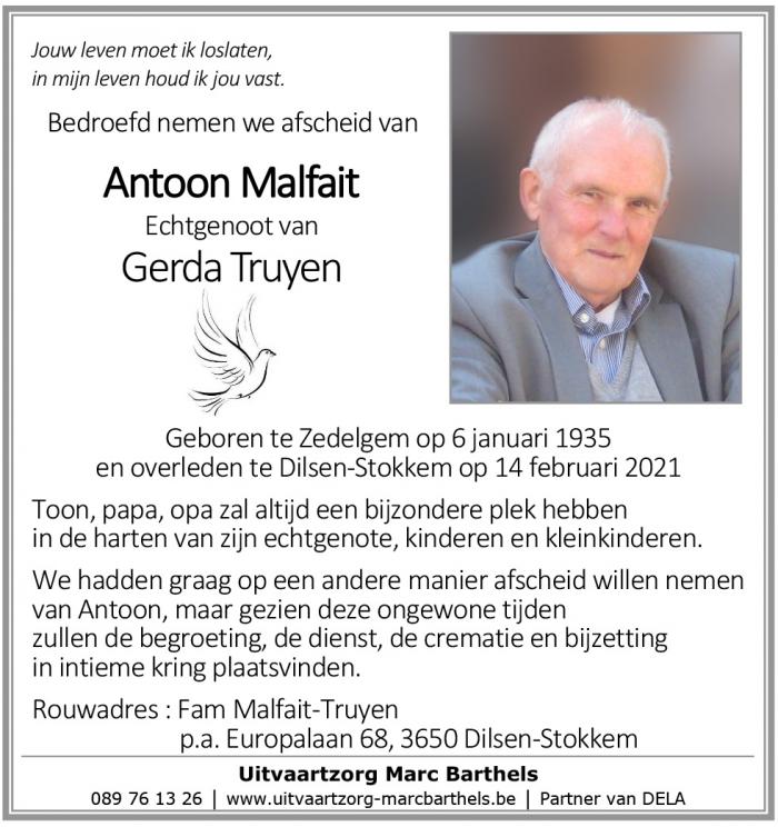 Overlijden dhr. Antoon Malfait