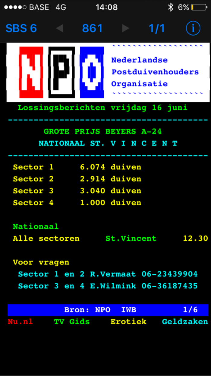 Teletekst lossing en aantal duiven